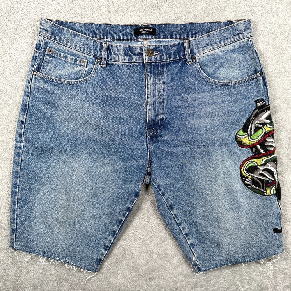 Ed Hardy Mens 40 Blue Denim Snake Panther Embroidered Raw Hem Jean Shorts Jorts